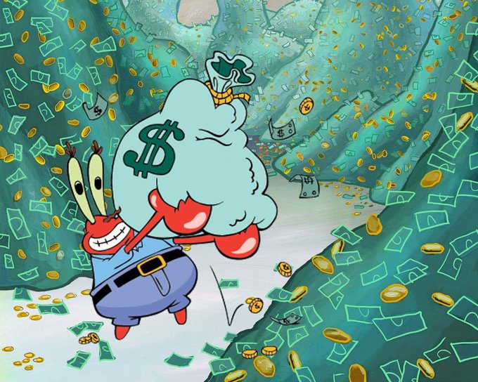 An illustration of Mr. Krabs from SpongeBob SquarePants happily carrying an enormous, overflowing sack of money tied with a dollar sign through a cave filled with falling gold coins and bills.