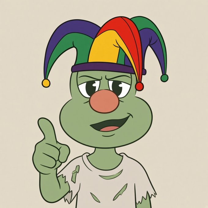 A cartoon illustration of a green-skinned character wearing a colorful jester hat with red, yellow, green, and purple sections, featuring a large round nose and pointing upward with a mischievous smile.