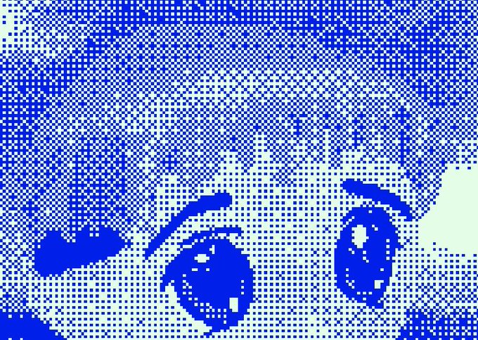 A close-up, heavily pixelated blue and white image showing what appears to be a face, possibly rendered in an anime or manga style with large expressive eyes.