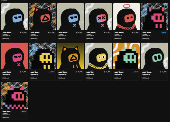 A grid of pixel-art NFT-style characters in black hoodies with colorful face designs, labeled as 'AGENT' items with various IDs and 'AC3R15 by hal' credits, showing bid amounts and 'Not Bid' status.