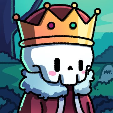 A digital illustration depicts a cute, cartoon-style skeleton character with a fluffy white collar and a red robe, wearing an ornate gold crown adorned with colorful gems.