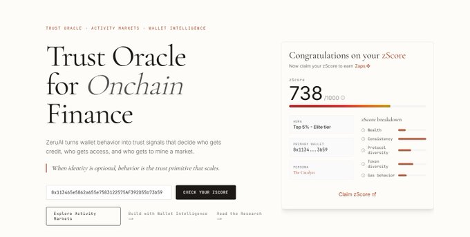 A website screenshot titled 'Trust Oracle for Onchain Finance' for ZeruAI, featuring a zScore of 738/1000 and a breakdown showing 'Top 5% - Elite tier'.