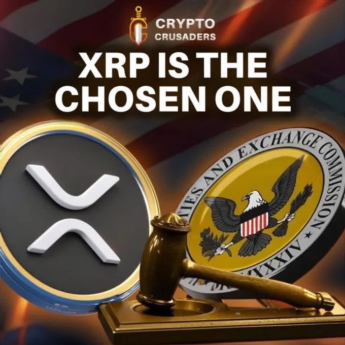 The image features an advertisement for Ripple, a cryptocurrency platform that uses XRP as its underlying token. The text "XRP is the chosen one" is displayed above the Ripple logo, which is a white circle with a gold border and a red and blue shield in the center. Below this, there are two coins: a gold coin with an eagle on it and another coin featuring a dollar sign. The background of the image is a patriotic design that includes an American flag and stars.