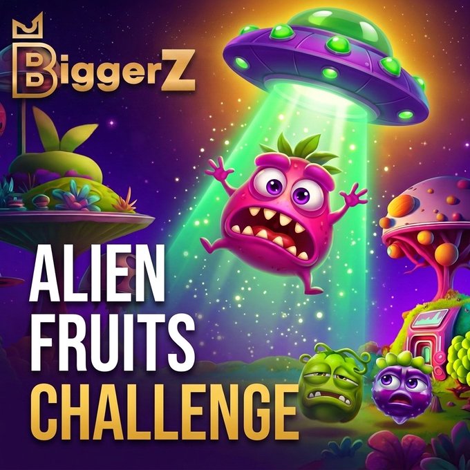 The promotional image displays "BiggerZ" branding at the top and "Alien Fruits Challenge" text on the left, featuring a frightened pink alien fruit character being abducted by a green UFO beam alongside other worried fruit characters, illustrating the giveaway's theme of completing challenges on the Alien Fruits slot game.