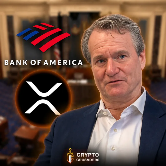 The image features a man wearing a suit, standing against a backdrop that includes a building with columns and a flag. The man appears to be posing for a photo or video, possibly for a promotional purpose related to cryptocurrency. In the background of the image, there is an advertisement for Bitcoin, which suggests that the Bank of America might be exploring ways to incorporate digital currency into their payment systems.