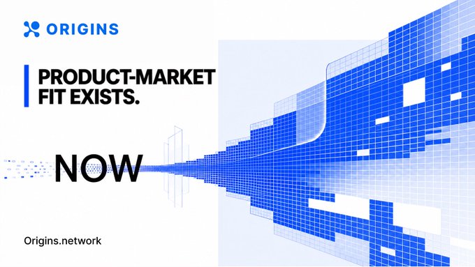An Origins graphic reads “PRODUCT-MARKET FIT EXISTS. NOW,” with blue grid structures expanding toward the right and “Origins.network” at the bottom. It reinforces the accompanying post’s message that large-scale institutional agent deployment and regulatory approval are already underway—not future predictions.
