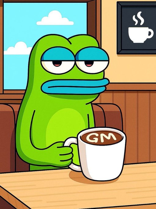 𝕏 is a cartoon frog sitting at a table with a cup of coffee, holding it up as if he's drinking from it. The image also features a window behind him, which could be an indication that they are inside a cafe or restaurant where people often enjoy their morning coffee and breakfast.