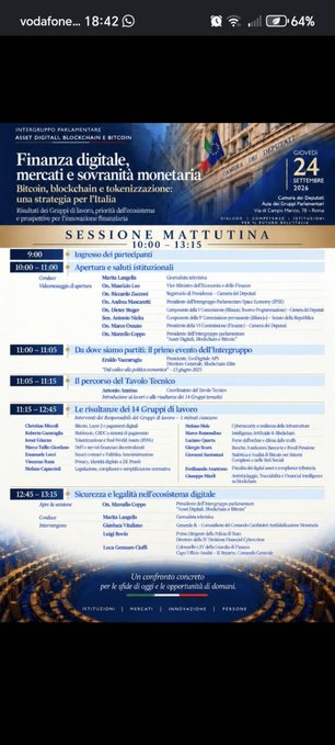 The image displays the program schedule for the "Finanza digitale, mercati e sovranità monetaria" event held on Thursday, September 24, 2026, at the Camera dei Deputati in Rome. It outlines the morning session from 10:00-13:15, featuring welcomes from parliamentary representatives and panel discussions with speakers including Vittorio Pisano, Christian Miccoli, and Gianluca Massimi Rosati. The accompanying post accurately reflects this as an event organized by the Parliamentary Intergroup on Digital Assets, Blockchain and Bitcoin.