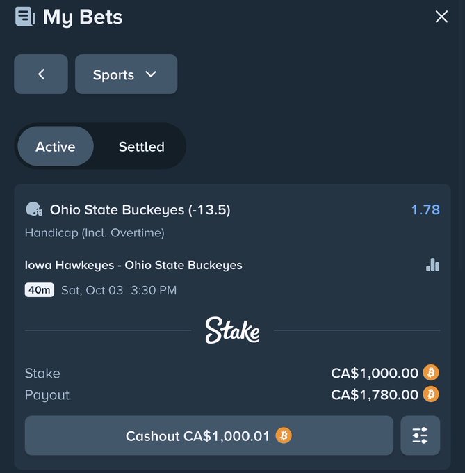 A sports betting app screenshot shows an active bet on the Iowa Hawkeyes vs Ohio State Buckeyes (-13.5) with a stake of CA$1,000.00 and a potential payout of CA$1,780.00 on Stake.