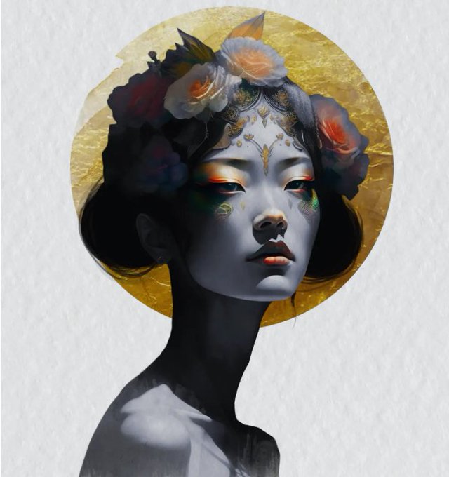 Digital artwork of a serene woman with elaborate floral headwear and golden facial decorations, set against a circular gold background.