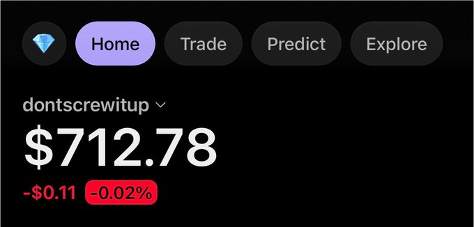A mobile app interface showing navigation tabs for Home, Trade, Predict, and Explore, with a portfolio value of $712.78 (-$0.11, -0.02%) for the user 'dontscrewitup'.