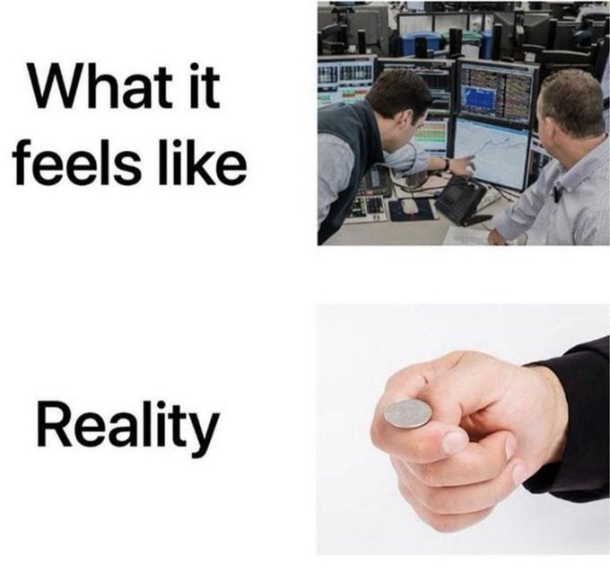 The image shows two photos of people, one with a coin held up to their face as if they are about to throw it away or make a wish for money, and another photo of someone using a computer monitor displaying stock market data. The caption below the images reads "What it feels like reality".