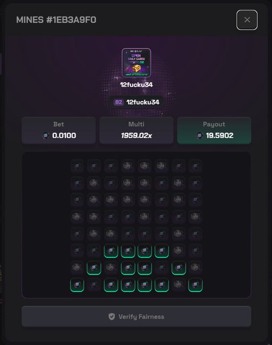 A screenshot of a 'MINES #1EB3A9F0' gambling game showing a bet of 0.0100, a multiplier of 1958.02x, and a payout of 19.5902, with a grid of revealed green tiles at the bottom.