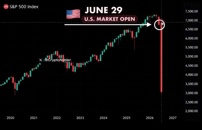 A candlestick chart of the S&P 500 Index displays a projected sharp drop on June 29 (U.S. Market Open), with prices falling from around 7,000 down to roughly 3,000 in a dramatic red candle. The visualization, watermarked "X | @CryptoNobler," illustrates the bearish market outlook highlighted in the post about macroeconomic uncertainty, rising interest rates, and reduced liquidity threatening both crypto and traditional equity markets.