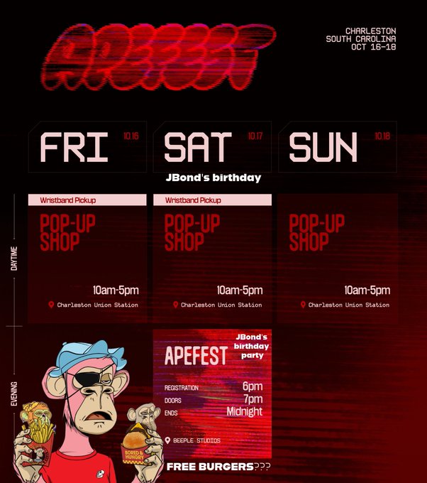 A promotional flyer for a 'GFEST' event in Charleston, South Carolina from October 15-18, featuring a pop-up shop schedule and an 'APEFEST' birthday party with cartoon ape mascots.