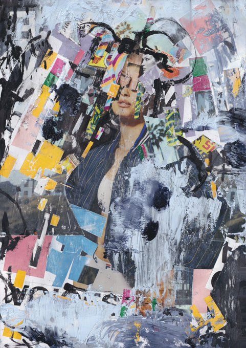 A vibrant mixed-media collage portrait of a person with colorful fragments, Japanese text, and bold black paint strokes obscuring parts of their face.