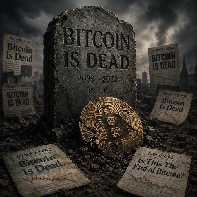 A dramatic AI-generated image of a tombstone reading 'BITCOIN IS DEAD 2009-2022 R.I.P.' with a golden Bitcoin coin, surrounded by newspaper headlines declaring 'Bitcoin Is Dead'.
