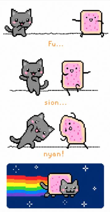 Pixel art comic strip showing a gray cat and a pink toast character interacting, progressing through panels labeled 'Fu...', 'sion...', 'nyan!' before ending with the classic Nyan cat meme with rainbow trail.