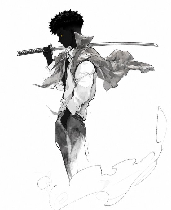 A black-and-white sketch of an afro-haired figure in a suit and flowing coat holding a katana over their shoulder.