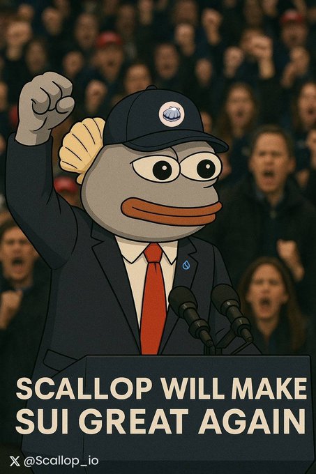 An illustrated scallop mascot in a suit and Sui-branded cap stands at a podium with a raised fist, declaring "SCALLOP WILL MAKE SUI GREAT AGAIN" to an enthusiastic crowd, while the post promotes Scallop's new spot trading feature powered by DeepBook on Sui.