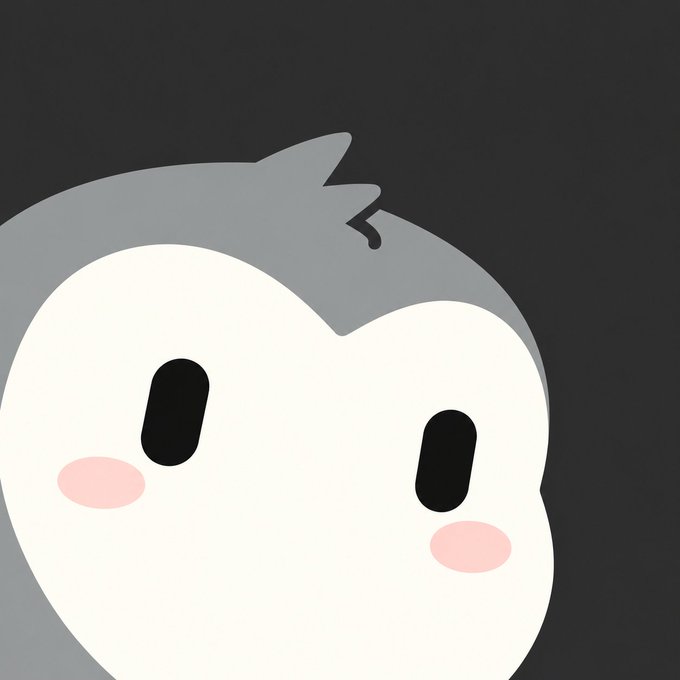 A cute cartoon illustration of a kawaii-style character with a white heart-shaped face, gray spiky hair, black oval eyes, and pink blushing cheeks against a dark background.