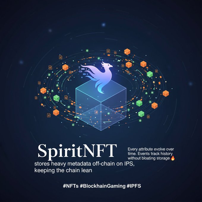 The image is a promotional graphic for **SpiritNFT**, featuring a stylized purple phoenix emerging from a transparent blue cube, surrounded by orbiting orange and green cubes with data particles. The text reads: *"SpiritNFT stores heavy metadata off-chain on IPFS, keeping the chain lean"* alongside the tagline *"Every attribute evolve over time. Events track history without bloating storage 🔥"* and hashtags **#NFTs #BlockchainGaming #IPFS**.

The visual reinforces the post's message by symbolizing a lightweight, evolving NFT system—the phoenix represents attributes that "come alive" and change over time, while the orbiting data cubes illustrate off-chain IPFS storage keeping the blockchain uncluttered.