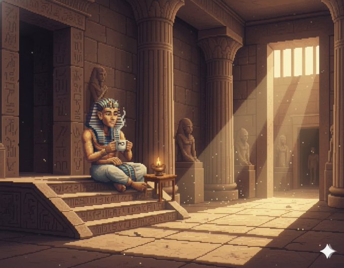 Stylized illustration of an Egyptian pharaoh sitting on temple steps drinking from a mug, set in an ancient temple interior with hieroglyph-covered pillars and statues, with a small AI-generated sparkle logo in the corner.