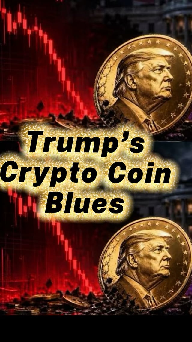 A vertically split image shows a Trump gold coin against a red downward-trending candlestick chart, with the title 'Trump's Crypto Coin Blues' in gold glittery text.