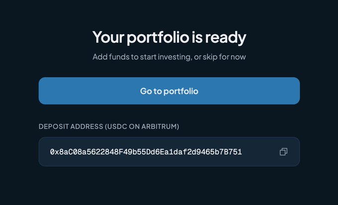 A screenshot showing "Your portfolio is ready" with a USDC deposit address on Arbitrum (`0x8aC08a5622848F49b55Dd6Ea1daf2d9465b7B751`). The image illustrates the Portfi platform mentioned in the post, highlighting how the winning consumer app Peak3 operates on Arbitrum while Portfi offers similar "invest in any idea" functionality on Solana.
