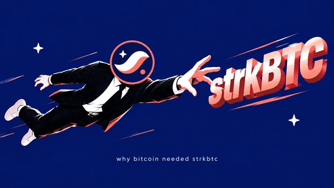 A digital illustration showing a man in a suit flying horizontally through a dark blue background with the text "strkBTC" and "why bitcoin needed strkbtc" displayed prominently.