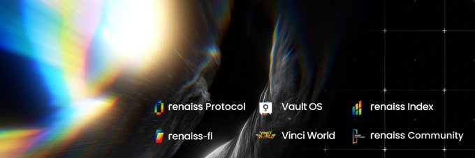 This image features a cinematic, ethereal background with light flares, showcasing the Renaiss ecosystem through brand names like Renaiss Protocol, Vault OS, Renaiss Index, Renaiss-fi, Vinci World, and Renaiss Community. The visual metaphor of cosmic, expansive light reflects the post's theme of transforming traditional finance into an immersive, experience-driven journey.