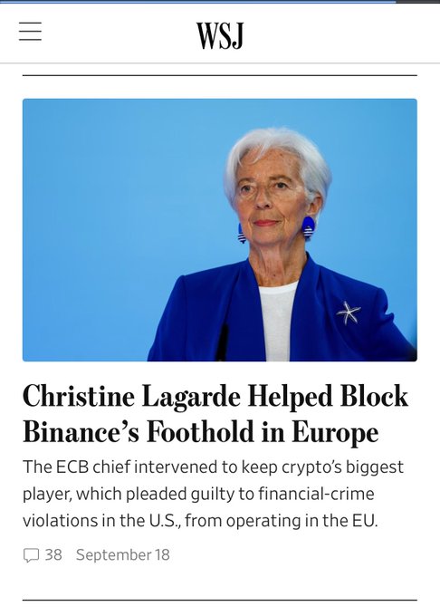 A WSJ news article screenshot featuring Christine Lagarde with the headline 'Christine Lagarde Helped Block Binance's Foothold in Europe,' dated September 18 with 38 comments.