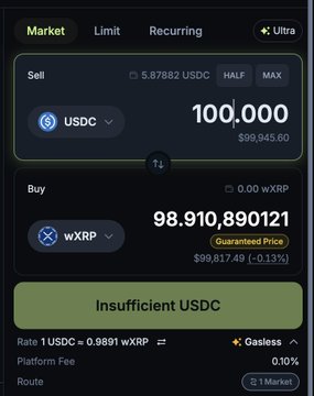 A cryptocurrency trading interface shows a sell order for 100,000 USDC and a buy order for 98,910.890121 wXRP at a guaranteed price of $99,817.49, but displays an "Insufficient USDC" error preventing the trade. The image illustrates the user's point about Solana's superior DEX execution, highlighting a transaction attempting to purchase wrapped XRP that ultimately couldn't be completed.