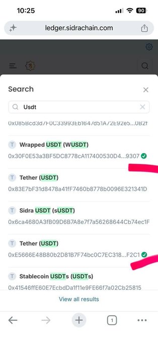 A mobile screenshot from ledger.sidrachain.com shows a search for "Usdt" displaying multiple results including Wrapped USDT (WUSDT), Tether (USDT), Sidra USDT (sUSDT), and Stablecoin USDTs (USDTS) with their respective contract addresses, with pink highlights marking the verified WUSDT and USDT entries, supporting the post's announcement that USDT has arrived on Sidra Chain.