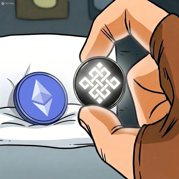 A cartoon-style illustration showing a hand holding a coin with a geometric maze-like symbol, positioned next to an Ethereum (ETH) coin on a white pillow.