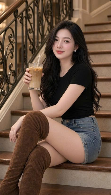 A young woman with long black hair wearing a black t-shirt, denim shorts, and brown thigh-high boots sits on a staircase holding an iced coffee drink, with an ornate iron railing visible behind her.