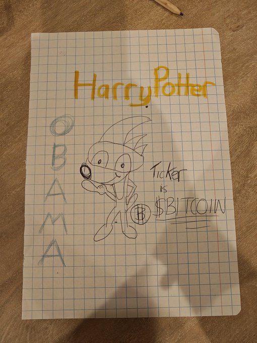 A hand-drawn poster on graph paper featuring a character labeled 'HarryPotter' holding a coin, with the text 'OBAMA' down the side and 'Ticker is $BITCOIN' written nearby.