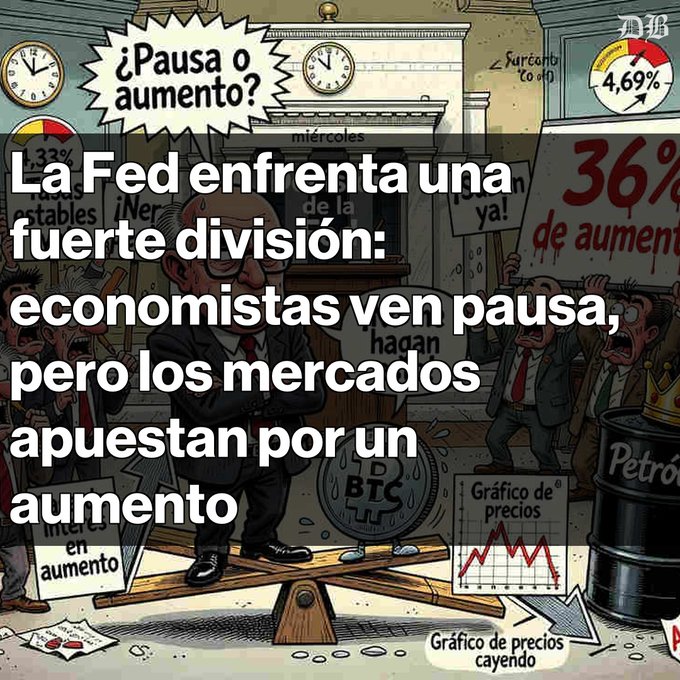 Spanish political cartoon with text about the Fed facing division: economists see a pause, but markets bet on an increase, depicting a figure on a seesaw with protest signs showing percentages like 4.69% and 36%.