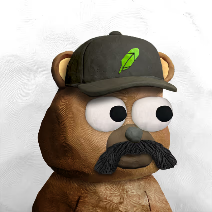A 3D rendered brown teddy bear character with large googly eyes and a bushy mustache wears a dark baseball cap featuring a green leaf logo.