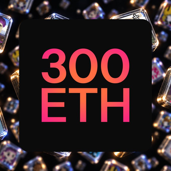 A graphic displays '300 ETH' in large pink and orange gradient text over a black square, surrounded by metallic NFT-style icons.