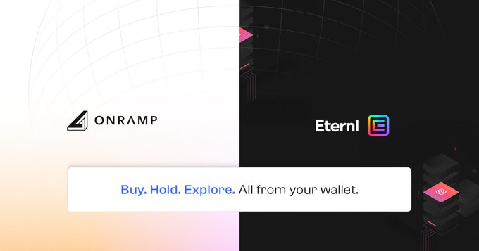 A split-background promotional graphic featuring the Onramp logo on the left and the Eternl logo on the right, with a banner below reading "Buy. Hold. Explore. All from your wallet." It announces the integration between Onramp and Eternl Wallet, enabling European users to purchase ADA via instant bank transfers directly into their self-custody wallet.