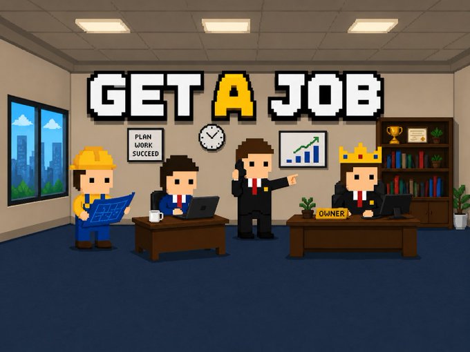 The image features a cartoon scene of four cartoon characters working together in an office setting. They are all dressed professionally and appear to be engaged in various tasks, such as using laptops or reading papers. The room has blue walls and a window that allows natural light into the space. A clock is also visible on one of the walls.

The post emphasizes the importance of getting a job by showcasing four cartoon characters working together in an office environment. It encourages viewers to consider how they can apply these principles to their own lives, such as networking or utilizing online resources for job searching and application processes.