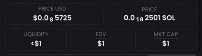 A dark-themed crypto token metrics panel displays a price of $0.085725 USD or 0.0162501 SOL, with liquidity, FDV, and market cap all showing less than $1—highlighting the extremely low-value speculative token referenced in the "next 1000x" claim.