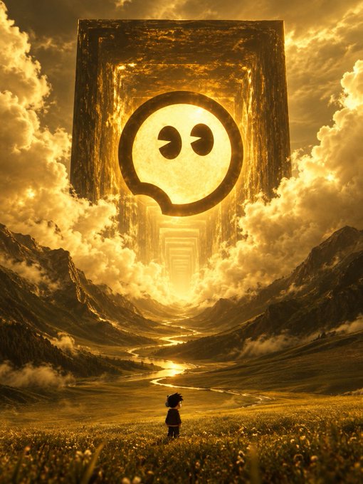 An AI-generated image of a person standing in a field facing a giant Pac-Man portal in the sky.