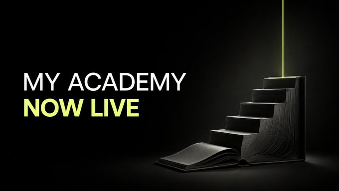Black promotional banner with white and green text reading 'MY ACADEMY NOW LIVE' alongside an illustration of a book transforming into ascending stairs lit by a green laser.