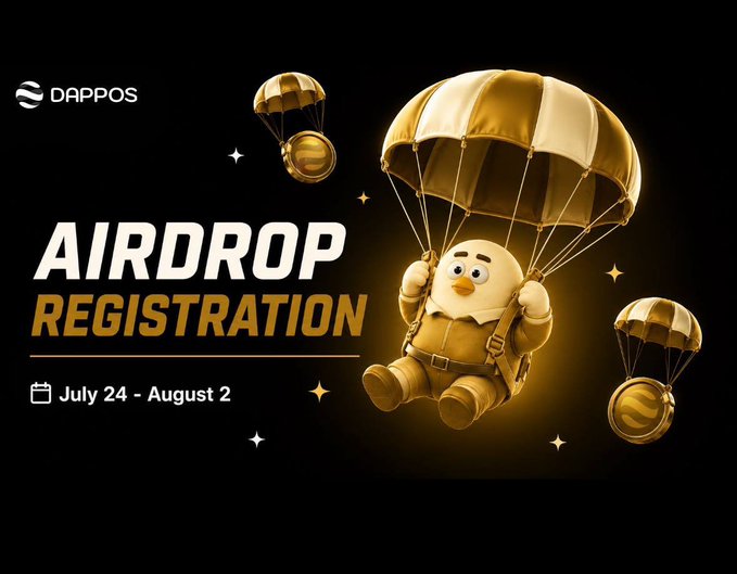 A promotional graphic for DAPPOS announces "$DOS Airdrop Registration" from July 24 to August 2, featuring a golden cartoon mascot parachuting with a coin against a dark, starry background that visually reinforces the airdrop theme of tokens dropping from the sky.