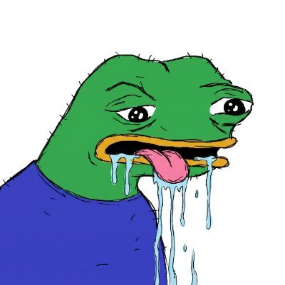 A cartoon image of the 'Sad Pepe' frog meme with droopy eyes and drool dripping from its mouth, wearing a blue shirt.