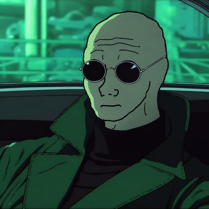 A bald figure in dark round sunglasses and a green trench coat sits stoically in a car bathed in green light, channeling Morpheus from *The Matrix*. The image pairs with the "greatest comeback arc" caption by evoking the iconic "red pill" choice scene—symbolizing a paradigm-shifting return to mainnet, with the character's no-nonsense expression reinforcing confidence in the plot's inevitability.