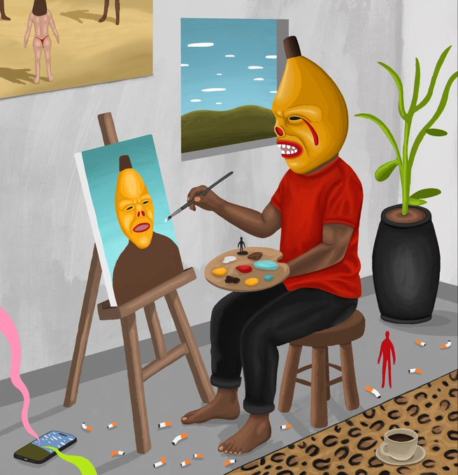 An illustration depicts a figure wearing a banana mask sitting on a stool, painting a self-portrait of the same masked character. The artwork relates to the caption's mention of a "Self-Portrait: Melancholy" by artist Andre Jones.