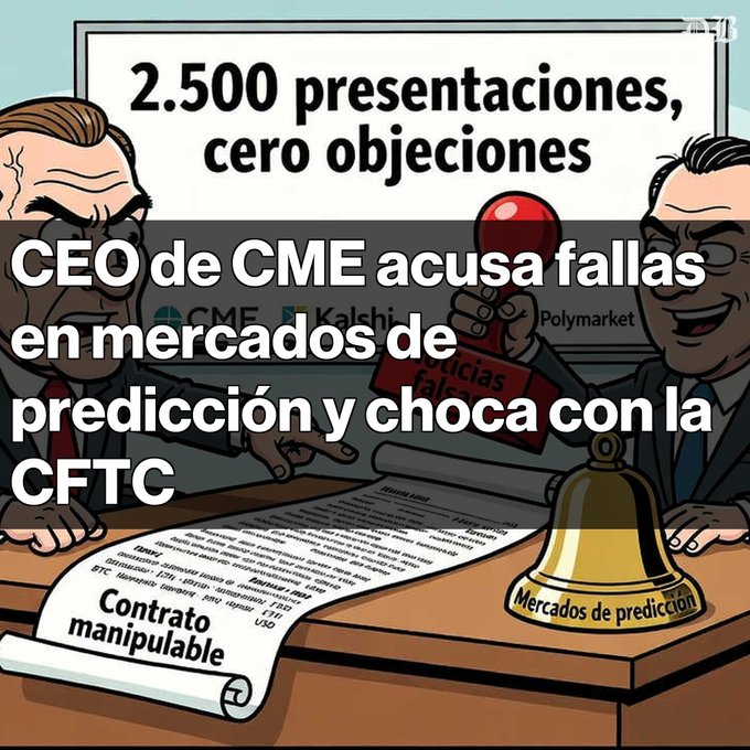 A Spanish-language news graphic with the headline "2.500 presentaciones, cero objeciones" and "CEO de CME acusa fallas en mercados de predicción y choca con la CFTC," with cartoon figures, a gavel, and a bell labeled "Mercados de predicción" alongside logos for CME, Kalshi, and Polymarket.